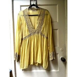 Johnny Was Top Sz Xl Yellow Boho Crochet Western Cowgirl Peasant Festival Rodeo